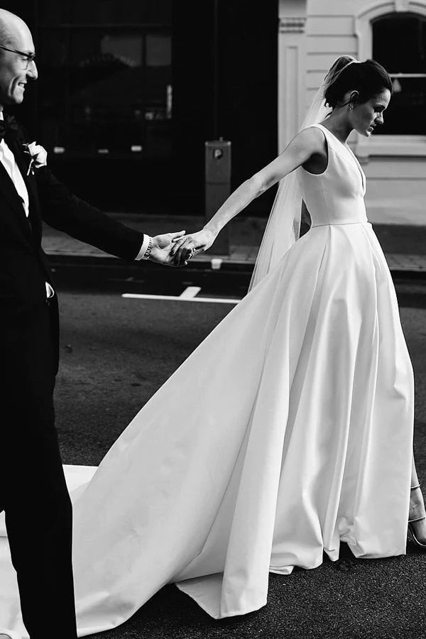 A Line Deep V Neck Open Back White Long Wedding Dresses Bridal Gown TN359-Tirdress