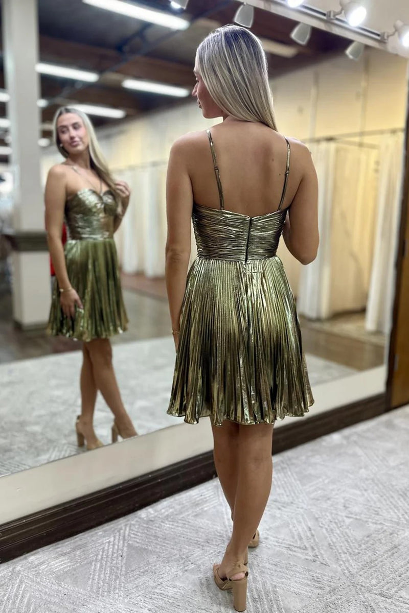 A Line Gold Halter Neckline Homecoming Dress With Keyhole-Tirdress