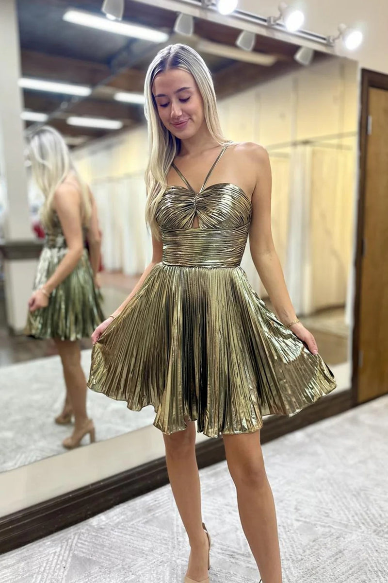 A Line Gold Halter Neckline Homecoming Dress With Keyhole-Tirdress