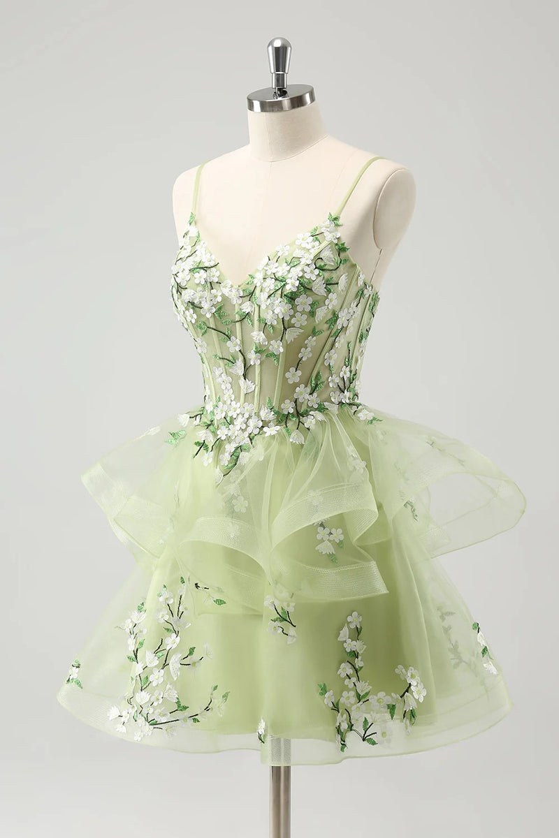 Light Green A Line Corset Short Homecoming Dress with 3D Flowers-Tirdress