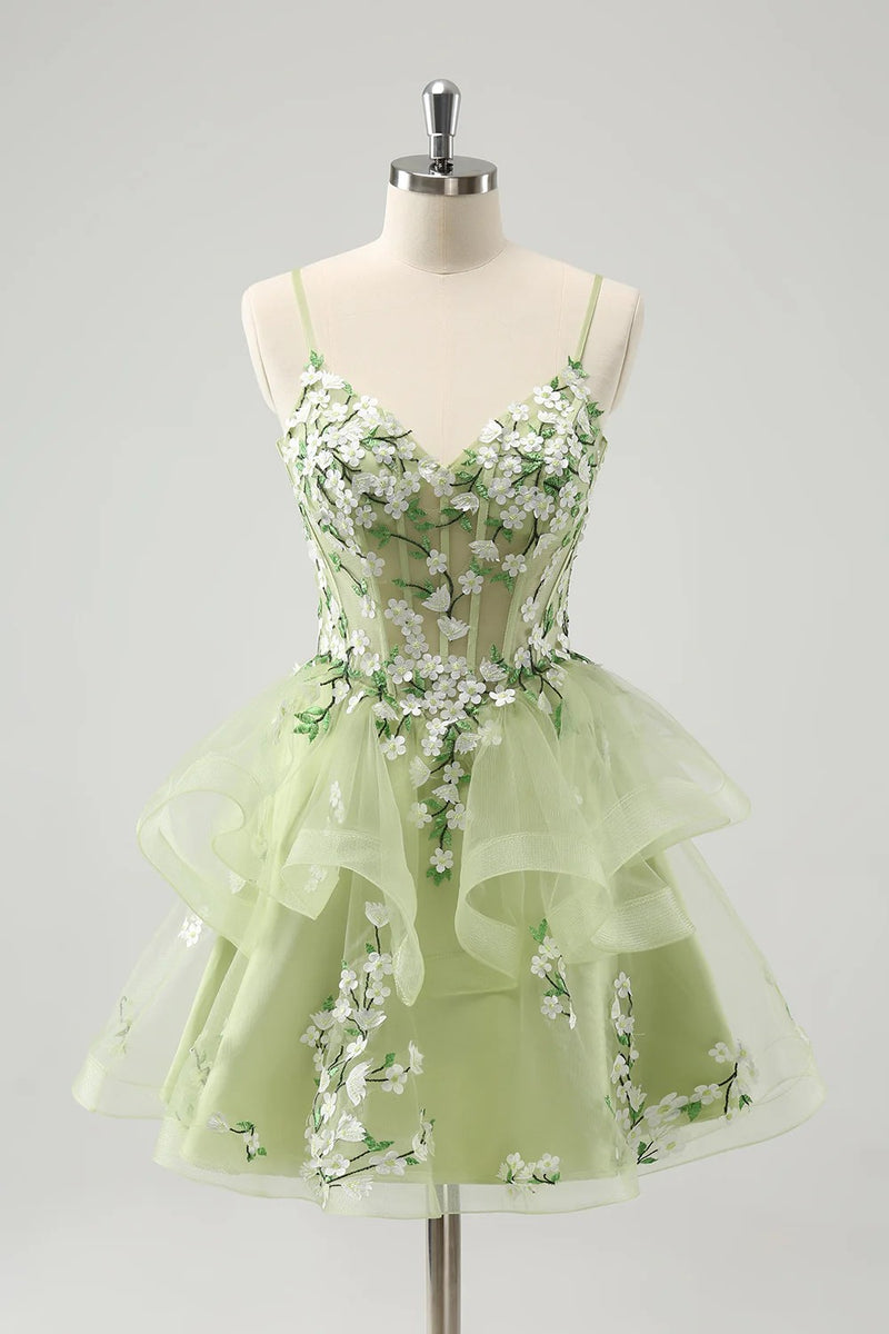Light Green A Line Corset Short Homecoming Dress with 3D Flowers-Tirdress