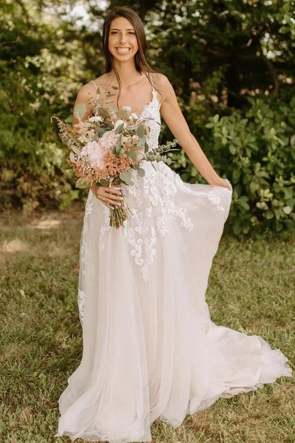 A Line Spaghetti Strap Rustic Wedding Dress With Lace Appliques-Tirdress