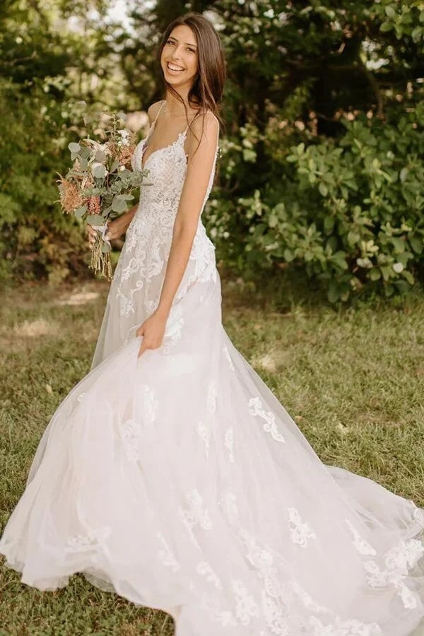 A Line Spaghetti Strap Rustic Wedding Dress With Lace Appliques-Tirdress