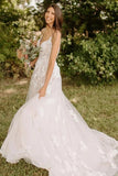 A Line Spaghetti Strap Rustic Wedding Dress With Lace Appliques-Tirdress