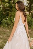 A Line Spaghetti Strap Rustic Wedding Dress With Lace Appliques-Tirdress