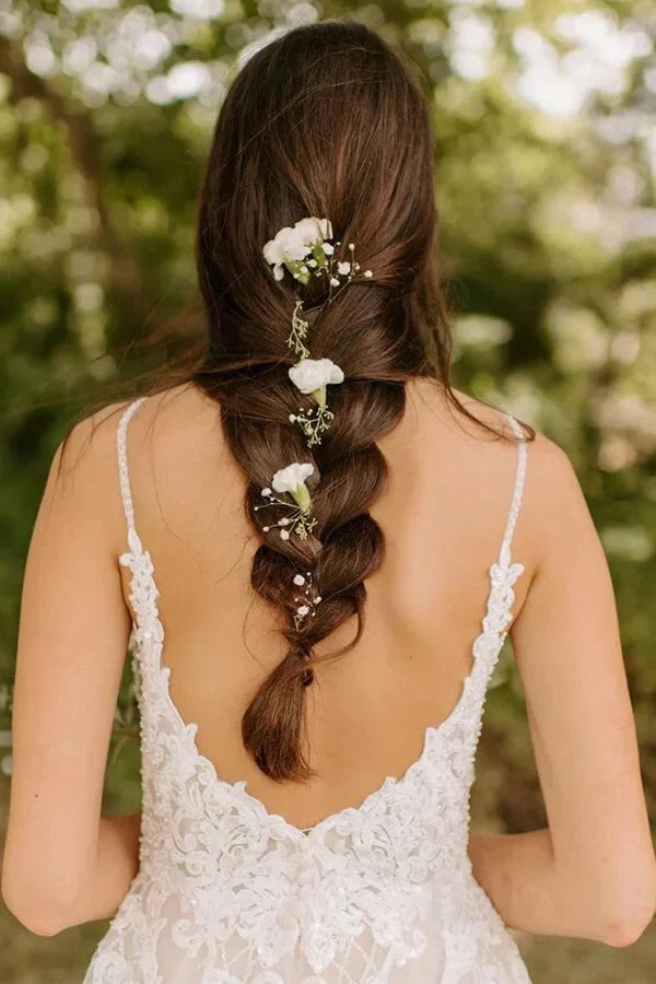 A Line Spaghetti Strap Rustic Wedding Dress With Lace Appliques-Tirdress