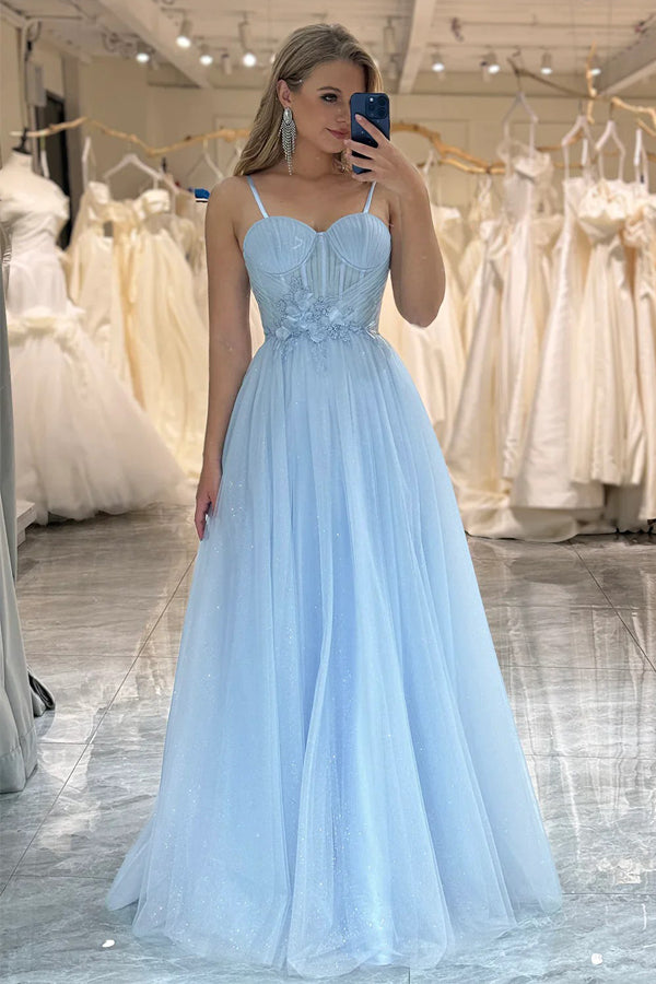 A Line Spaghetti Straps Lace Up Tulle Blue Prom Dress With Appliques TP1257-Tirdress
