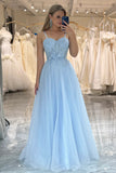 Robe de bal en tulle bleu à bretelles spaghetti et coupe trapèze avec appliques TP1257