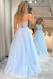 A Line Spaghetti Straps Lace Up Tulle Blue Prom Dress With Appliques TP1257-Tirdress