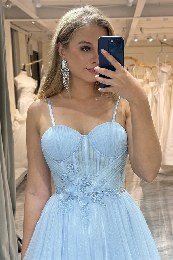 A Line Spaghetti Straps Lace Up Tulle Blue Prom Dress With Appliques TP1257-Tirdress