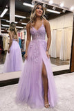A Line Spaghetti Straps Lilac Long Prom Dress with Appliques TP1245-Tirdress