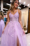 A Line Spaghetti Straps Lilac Long Prom Dress with Appliques TP1245-Tirdress