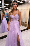 A Line Spaghetti Straps Lilac Long Prom Dress with Appliques TP1245-Tirdress