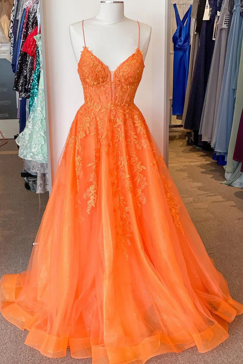 A Line Spaghetti Straps Orange Corset Prom Dress with Appliques TP1269-Tirdress