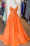 Robe de bal de fin d'année à bretelles spaghetti orange avec corset et appliques TP1269