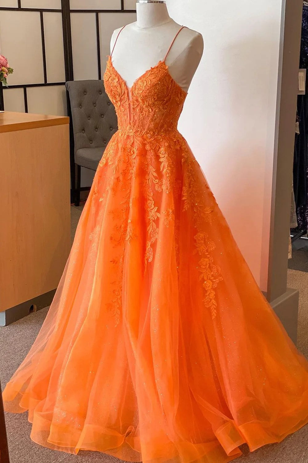A Line Spaghetti Straps Orange Corset Prom Dress with Appliques TP1269-Tirdress