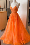 A Line Spaghetti Straps Orange Corset Prom Dress with Appliques TP1269-Tirdress