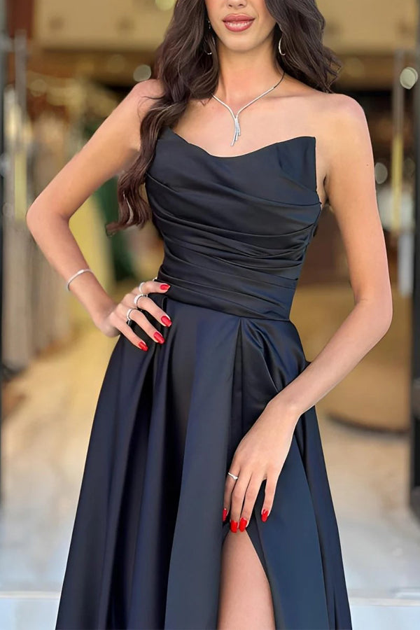 A Line Strapless Satin Black Long Prom Dresses Party Dress With Slit TP1425-Tirdress