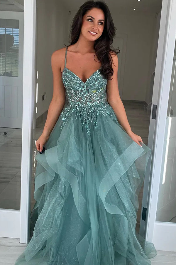 A Line Straps Appliques Tulle Grey Green Long Prom Dress TP1365-Tirdress