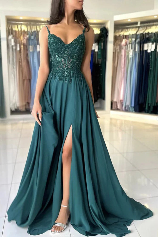 A Line V Neck Dark Green Lace Prom Dress Formal Gown TP1412-Tirdress