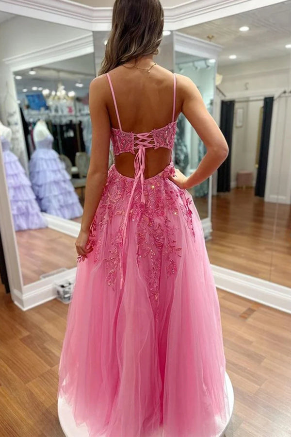 A Line V Neck Hot Pink Lace Long Prom Dresses with High Slit TP1302-Tirdress