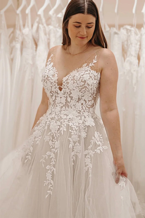 A Line V Neck Tulle Fairy Long Wedding Dress with Appliques TD0022-Tirdress