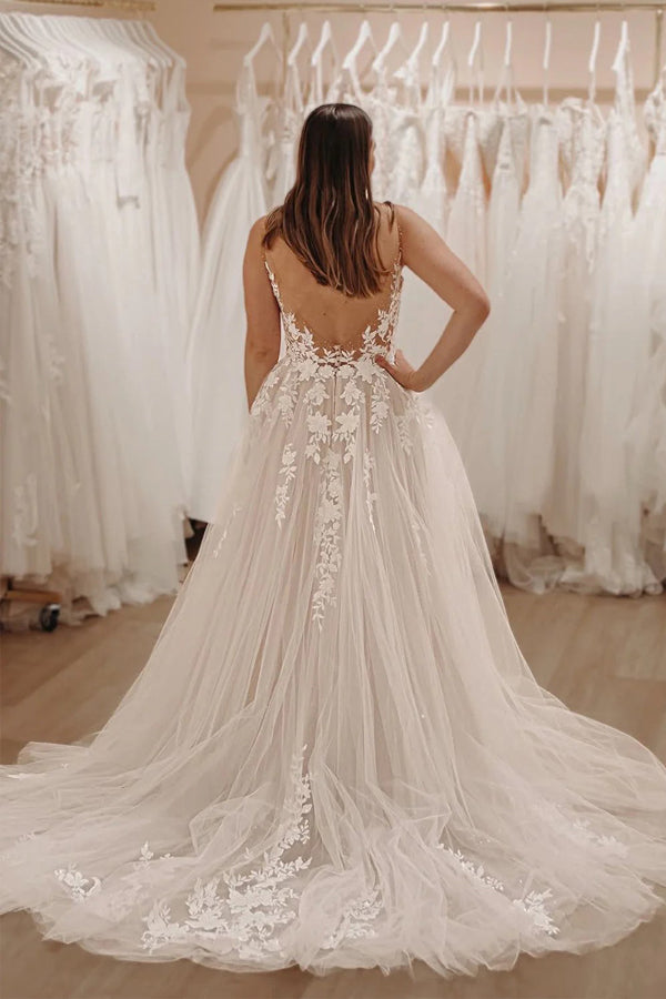 A Line V Neck Tulle Fairy Long Wedding Dress with Appliques TD0022-Tirdress