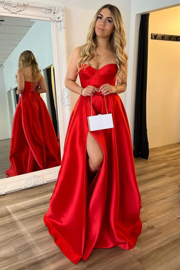A Line Sweetheart Red Satin Long Prom Dress with Slit Party Dress TP1399-Tirdress