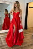 A Line Sweetheart Red Satin Long Prom Dress with Slit Party Dress TP1399-Tirdress