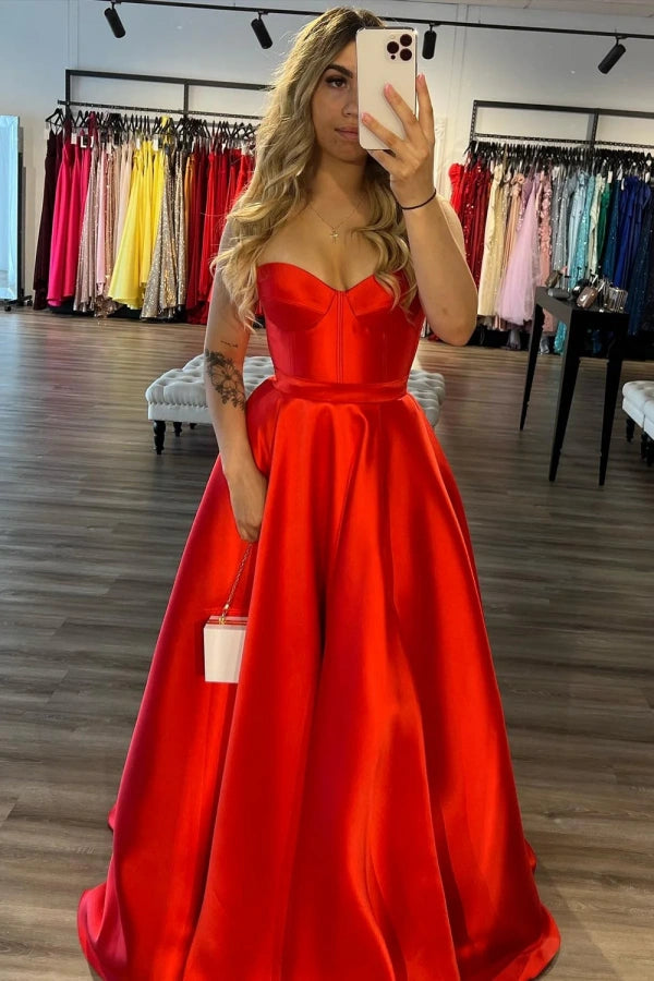 A Line Sweetheart Red Satin Long Prom Dress with Slit Party Dress TP1399-Tirdress