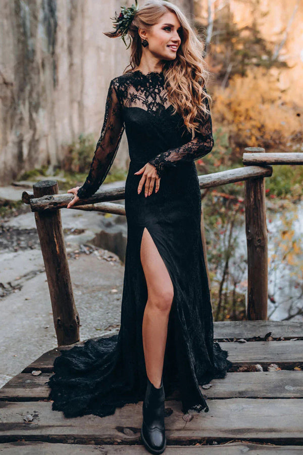 black lace dress long sleeve Le Stretch or no bra LONG LACE DRESS WITH BACK
