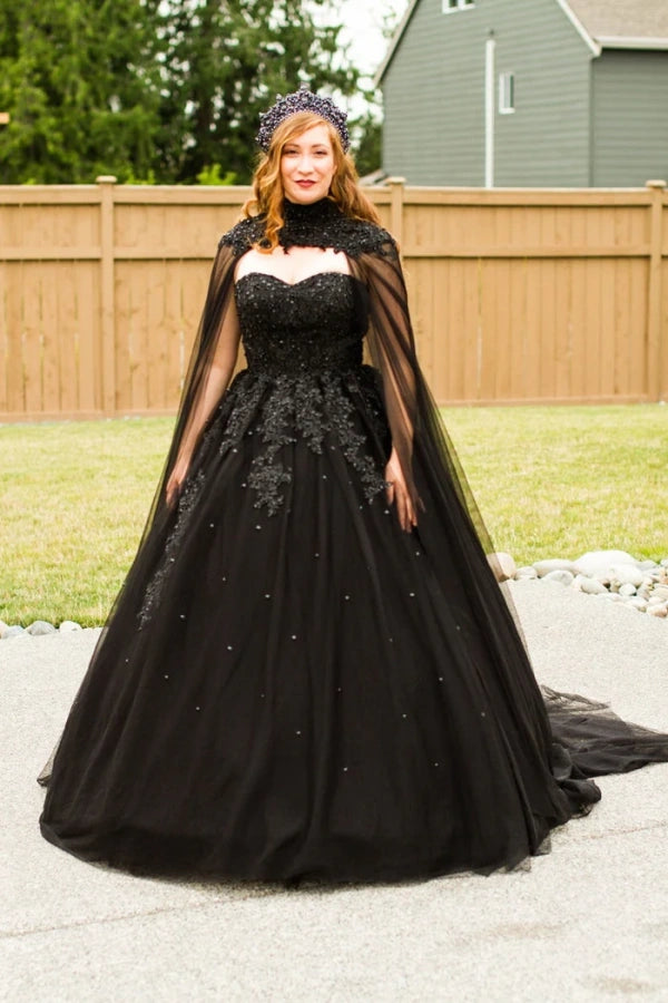 Appliques A Line Crystals Tulle Sweetheart Long Black Wedding Dresses TD0005
