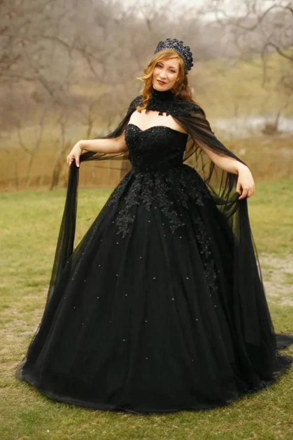Appliques A Line Crystals Tulle Sweetheart Long Black Wedding Dresses TD0005