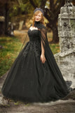 Appliques A Line Crystals Tulle Sweetheart Long Black Wedding Dresses TD0005