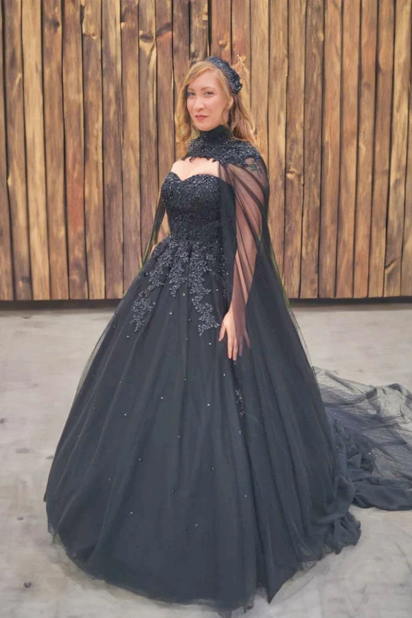 Appliques A Line Crystals Tulle Sweetheart Long Black Wedding Dresses TD0005