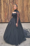 Appliques A Line Crystals Tulle Sweetheart Long Black Wedding Dresses TD0005
