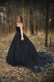 Appliques A Line Crystals Tulle Sweetheart Long Black Wedding Dresses TD0005