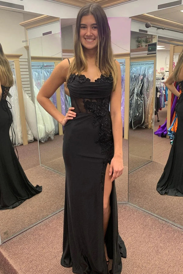 Appliques Black Spaghetti Corset Straps Long Prom Dress with Slit TP1398-Tirdress