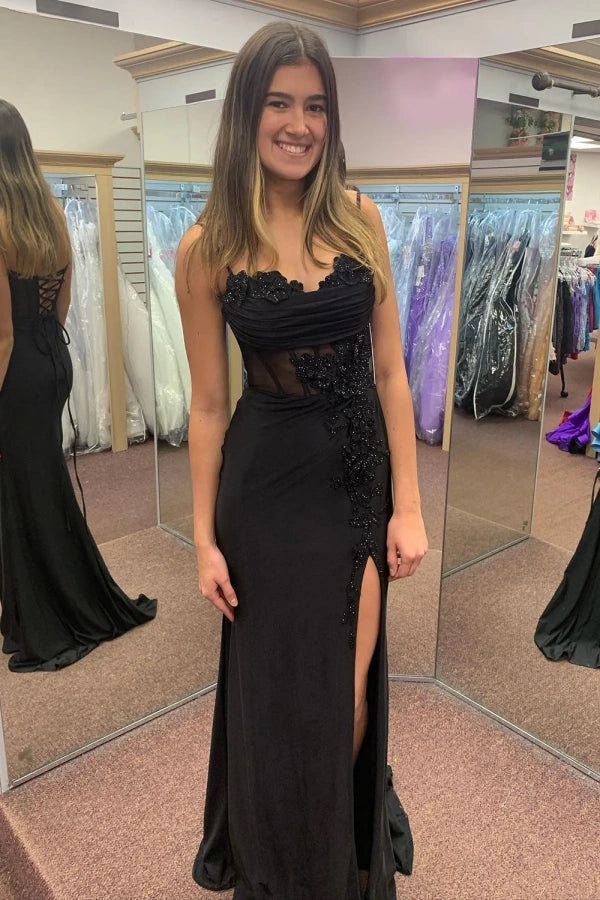 Appliques Black Spaghetti Corset Straps Long Prom Dress with Slit TP1398-Tirdress