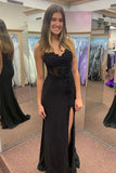 Appliques Black Spaghetti Corset Straps Long Prom Dress with Slit TP1398-Tirdress