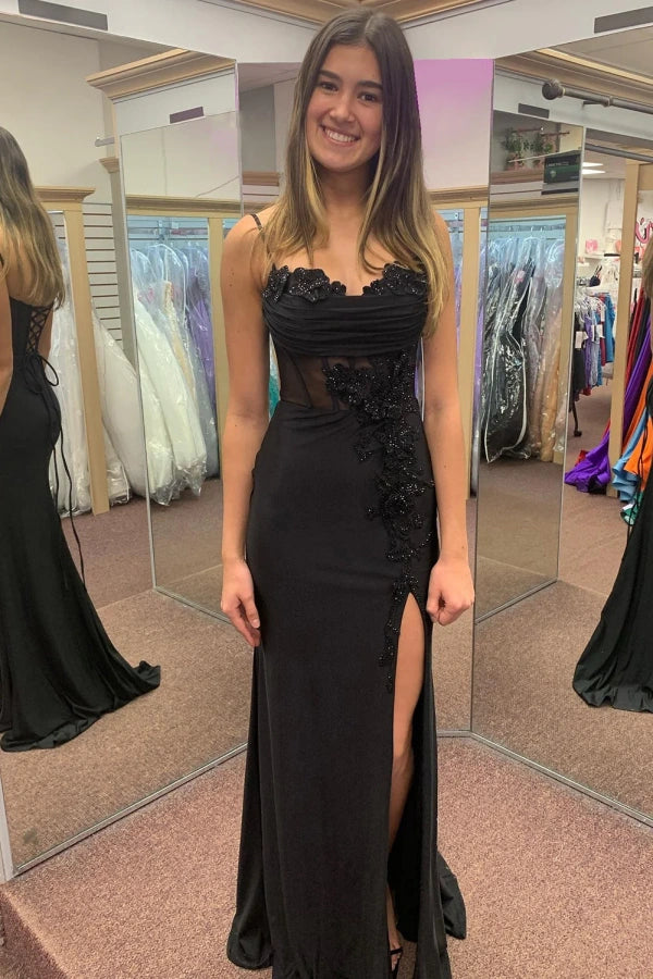 Appliques Black Spaghetti Corset Straps Long Prom Dress with Slit TP1398-Tirdress