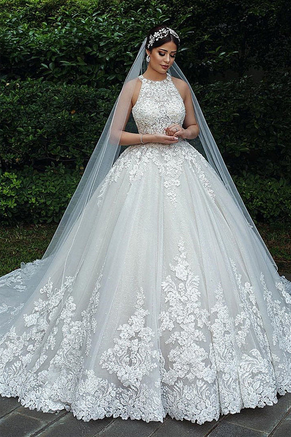 Ball Gown Hater Neckline Lace Appliques Princess Wedding Dress TD0023-Tirdress