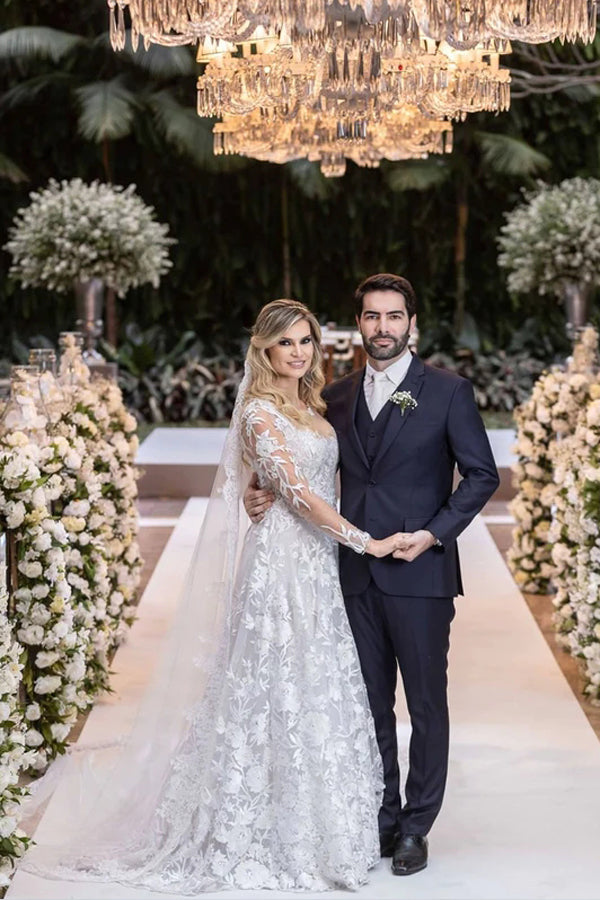 Ball Gown Lace Wedding Dress With Detachable Long Sleeves BoleroTN358-Tirdress