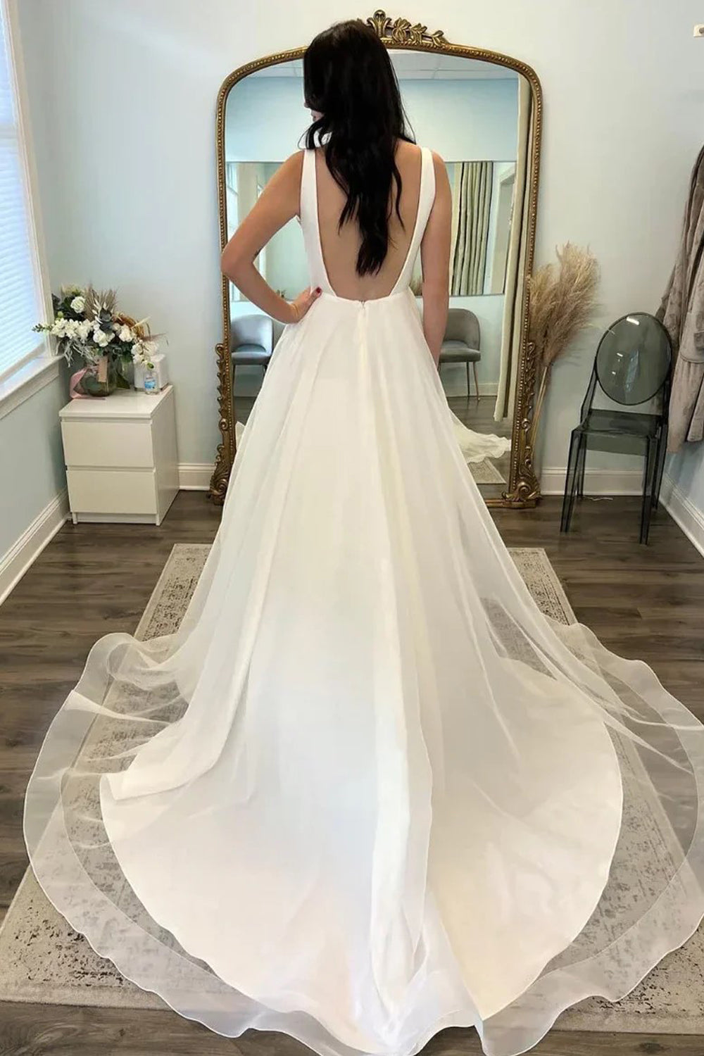 Bateau Sleeveless Backless Beach Wedding Dress With Backless-Tirdress