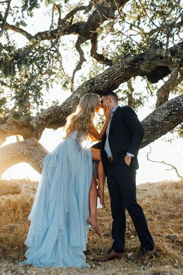 Beach Wedding Gown Split Sky Blue Rustic Wedding Dresses With Court Train TN336 - Tirdress