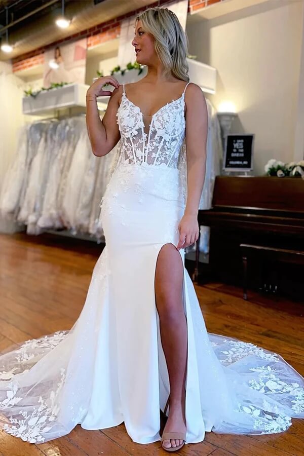 Beautiful Mermaid Satin Lace Wedding Dresses Bridal Gown With Side Slit TN342-Tirdress