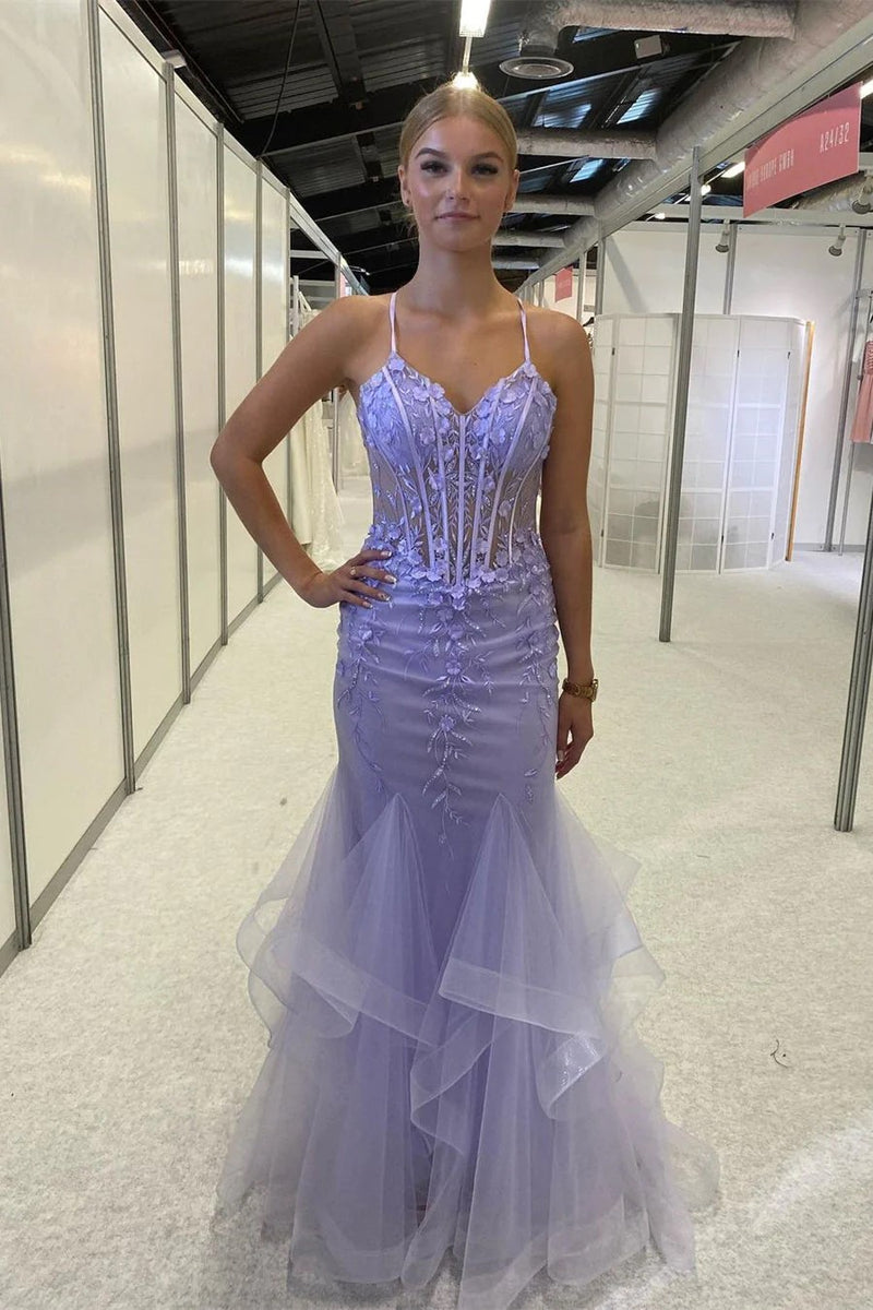 Belle robe de bal sans manches en dentelle à bretelles spaghetti lavande TP1271