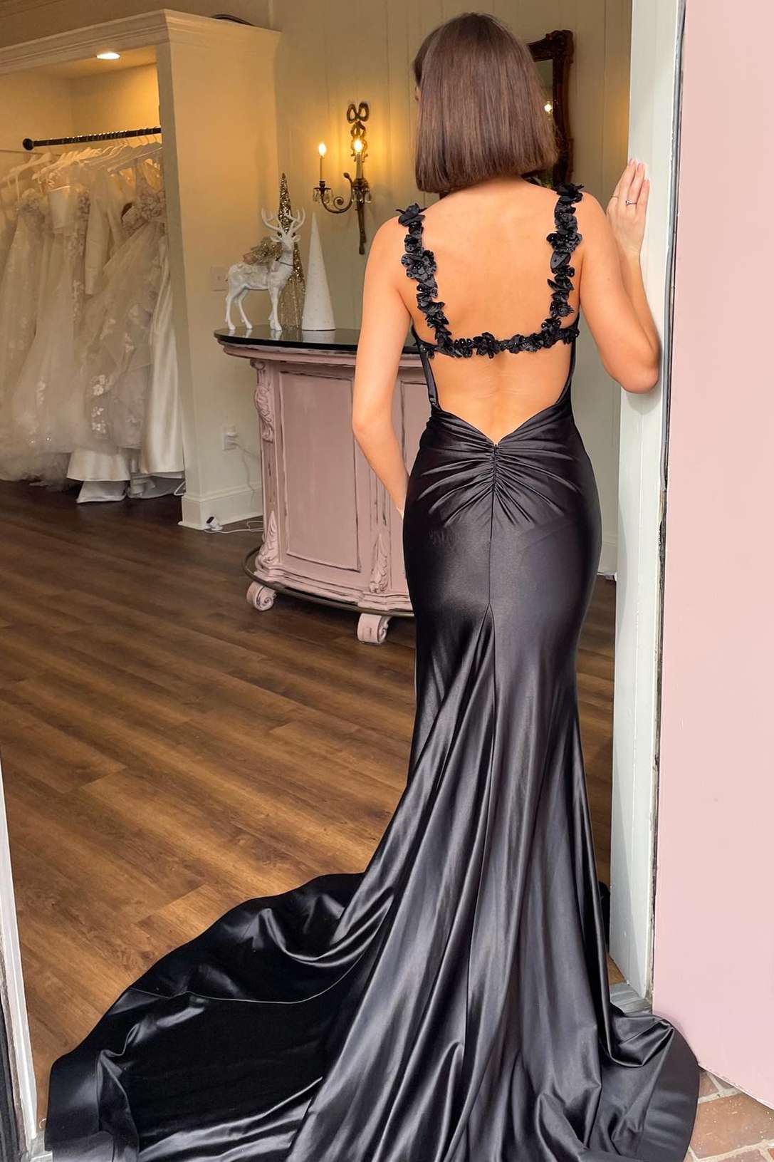 Black Straps Floral Mermaid Long Prom Dress Formal Dress TP1250-Tirdress