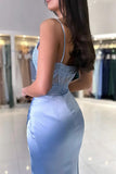 Blue V Neck Lace Satin Mermaid Long Prom Dress Formal Gowns TP1301-Tirdress