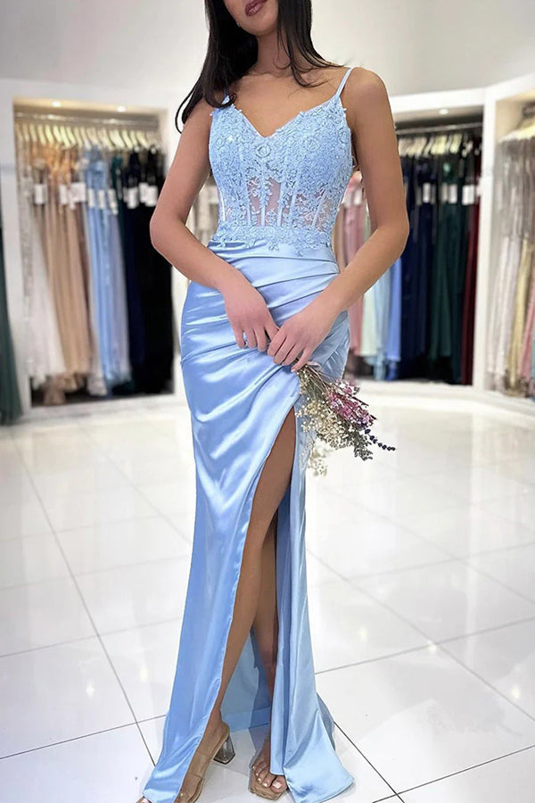 Blue V Neck Lace Satin Mermaid Long Prom Dress Formal Gowns TP1301-Tirdress